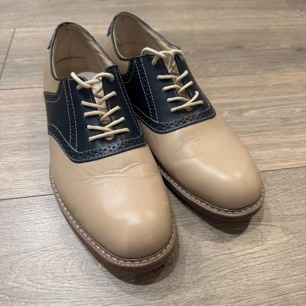 GH Bass Pomona Mens 9.5 D Saddle Shoes Tan Navy Leather Oxford Brogue Dress Shoe